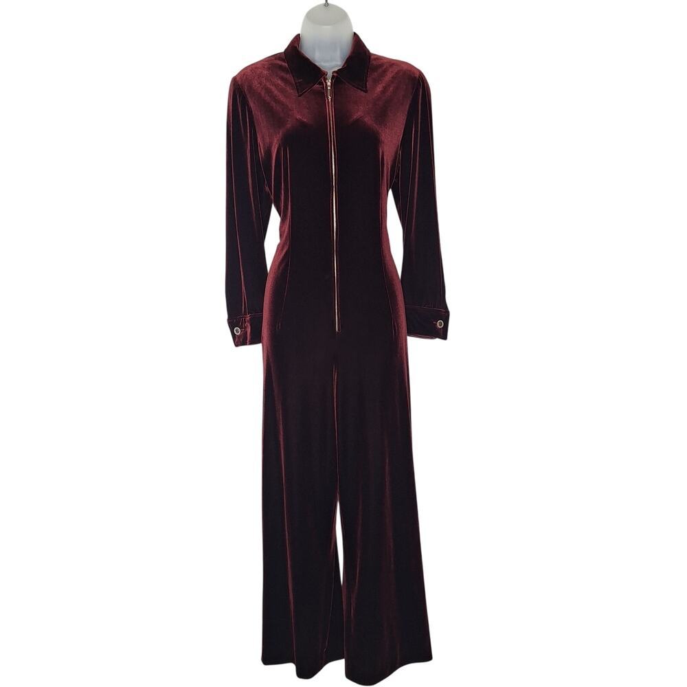 Kay Unger Saks Fifth Velvet Jumpsuit 14 XL Wide Leg Zip Evening Formal Burgundy